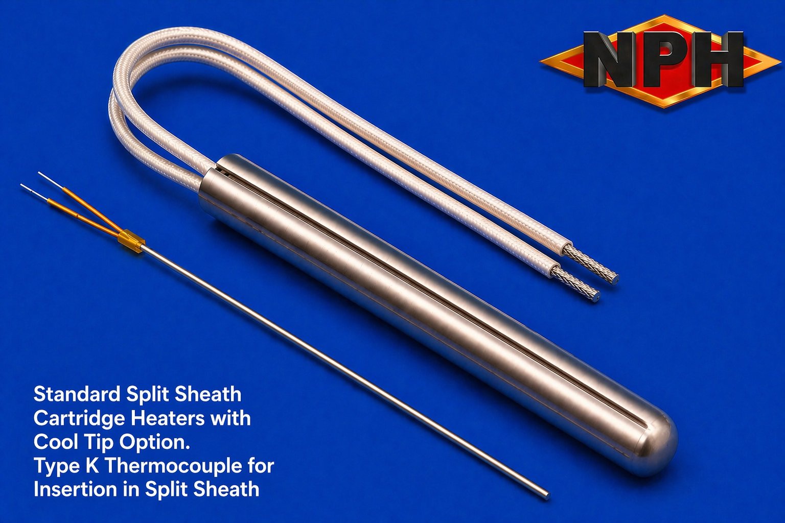 Expanding Split Sheath Cartidge Heater with Cool Tip and Optional In Split Sheath or On Sheath Type K TC, FG Leads